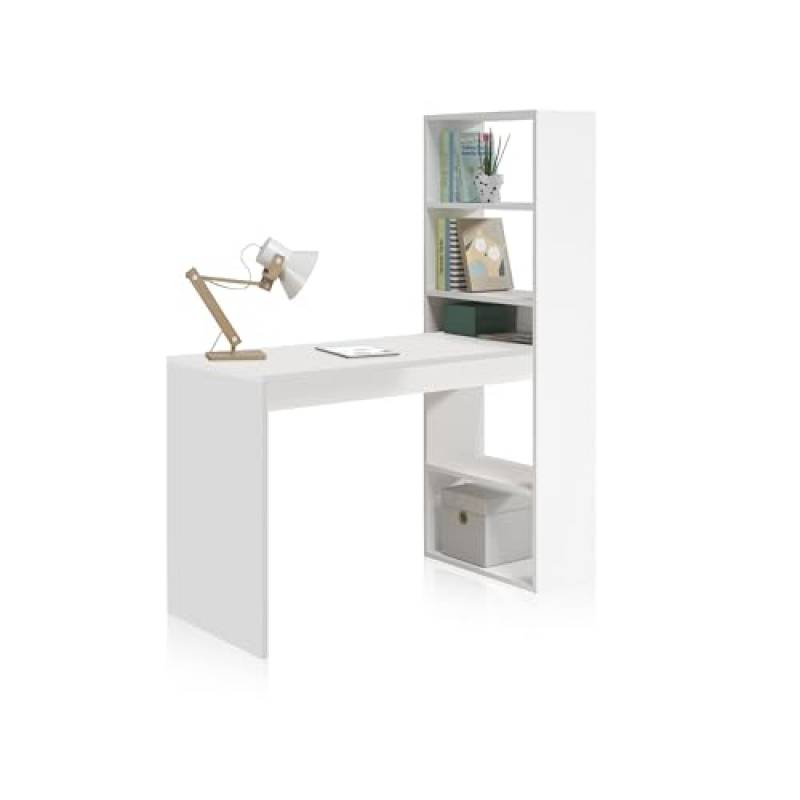 Abitti Tavolo da PC o scrivania con libreria Reversibile in Bianco Alpi, 144 x 120 x 52 cm