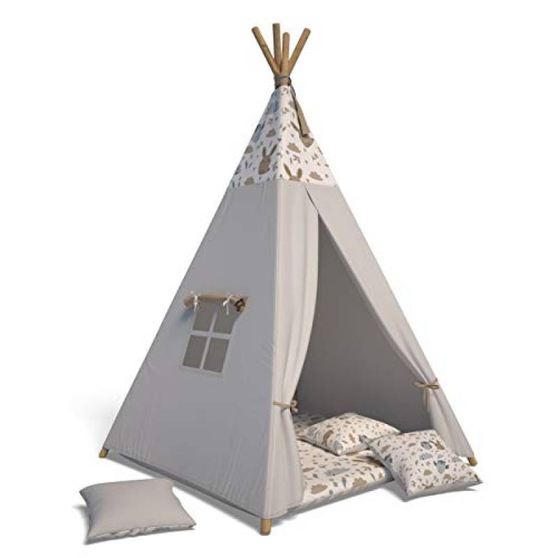 Best For Kids Tenda da gioco Tipi tenda indiana wigwam per bambini con accessori (grigio animale)