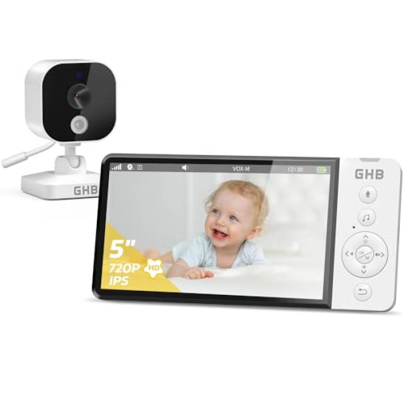 GHB Baby Monitor Video e Audio 5" 720P HD 5000mAh Telecamera Neonato con Schermo IPS VOX Visione Notturna Sensore di Temperatura