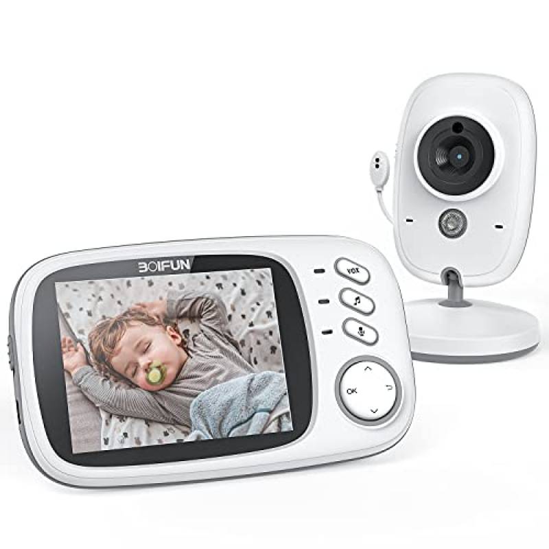 Baby Monitor, Videocamera BOIFUN con schermo da 3.2 '' 750mAh Supporto batteria ricaricabile VOX Visione notturna Visione di temperatura 8 ninne nanne per bambino/anziano/animale domestico