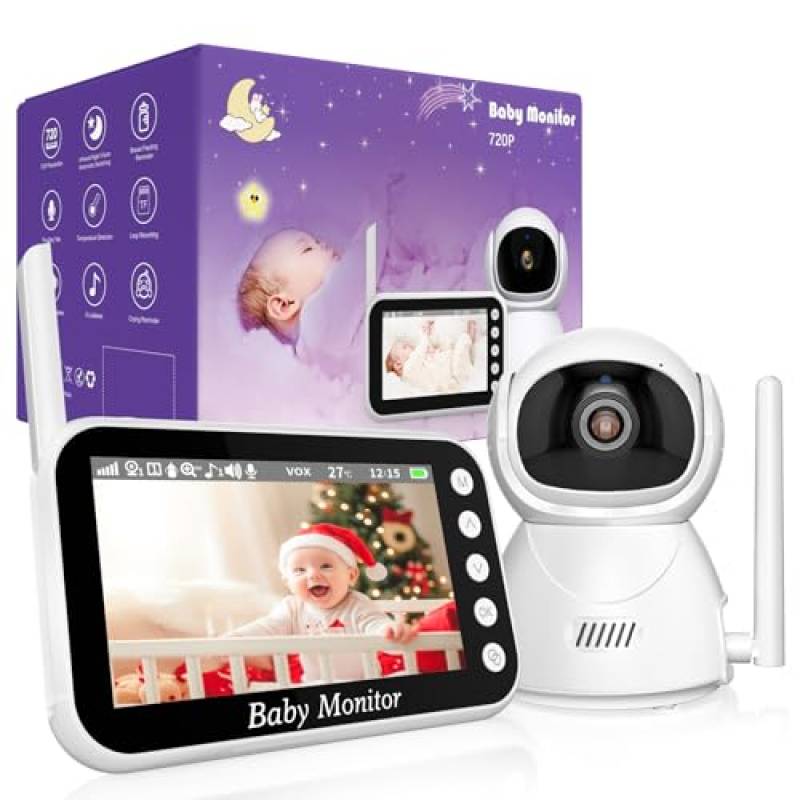 OBVHNUA Baby Monitor Video e Audio,720P Display da 4.3 Pollici Baby Monitor, 10x Zoom Digitale Modalità VOX Audio Bidirezionale Rilevamento della Temperatura Promemoria di Alimentazione 8 Ninnananne