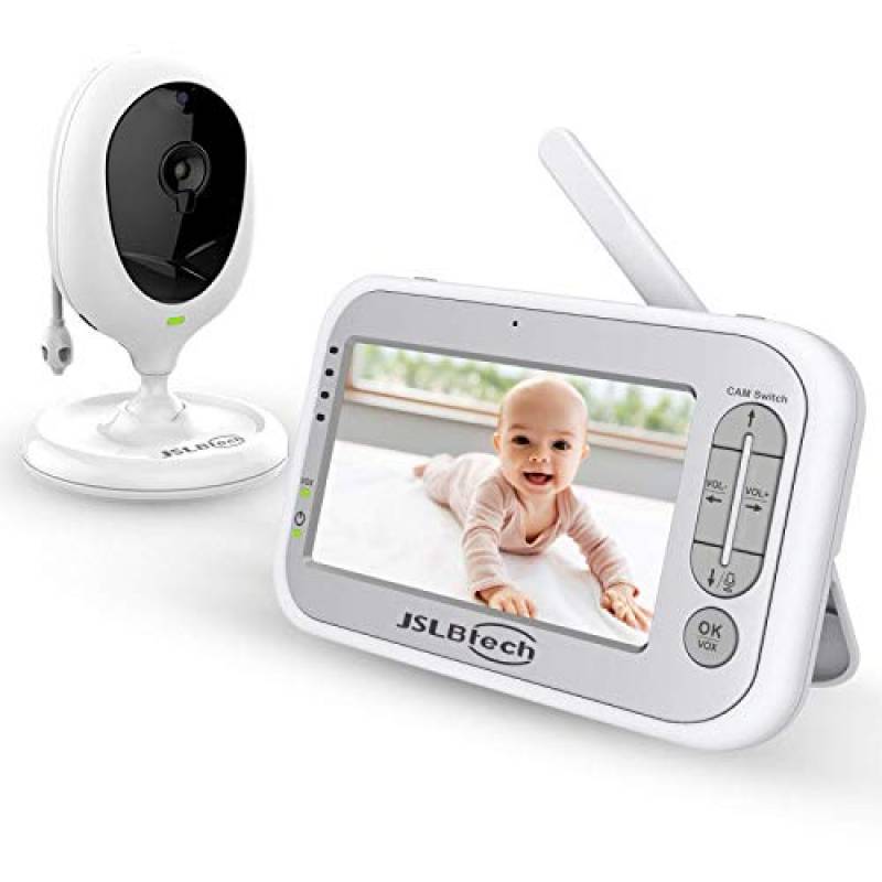 JSLBtech Baby Monitor Videocamera con Schermo LCD da 5" Funzione Interfono Visione Notturna Monitoraggio della Temperatura Risparmio Energetico/Vox Ninne nanne (Supporta fino a 4 telecamere)