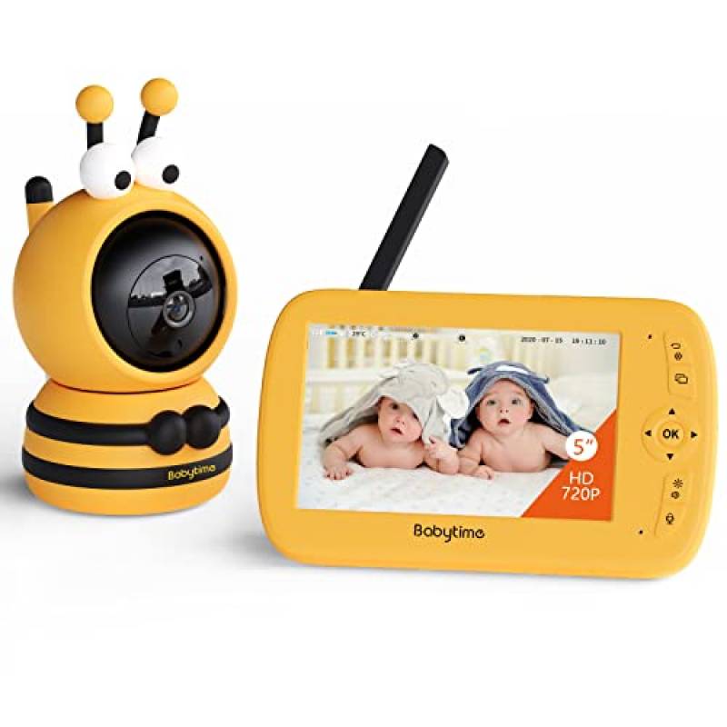 BabyTime 1080P Baby Monitor con Silicone Custodia Cover, Videocamera Schermo da 5 '' 4000mAh Supporto Batteria Ricaricabile Visione Notturna Audio Bidirezionale Temperatura Ninne Nanne Portata 300m