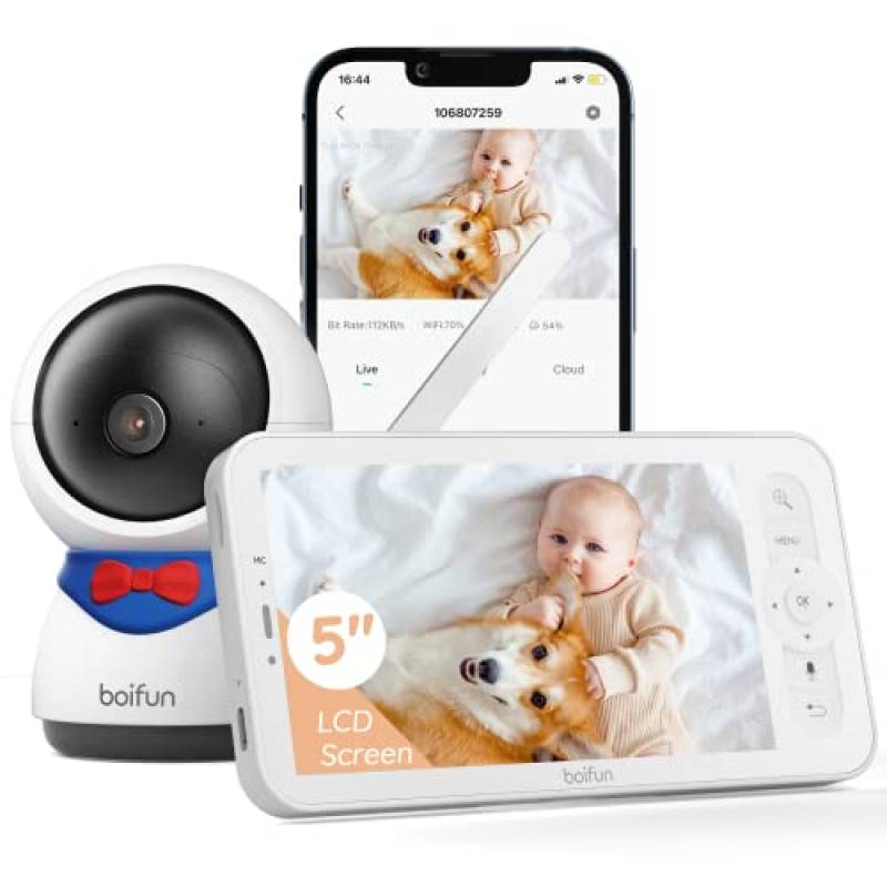 BOIFUN Baby Monitor Video, Display 1080P da 5 Pollici & 360° Telecamera, Controllo Tramite APP Mobile & Monitor LCD, Rilevamento di Suoni e Movimenti, Tracciamento Automatico, Audio a 2 vie