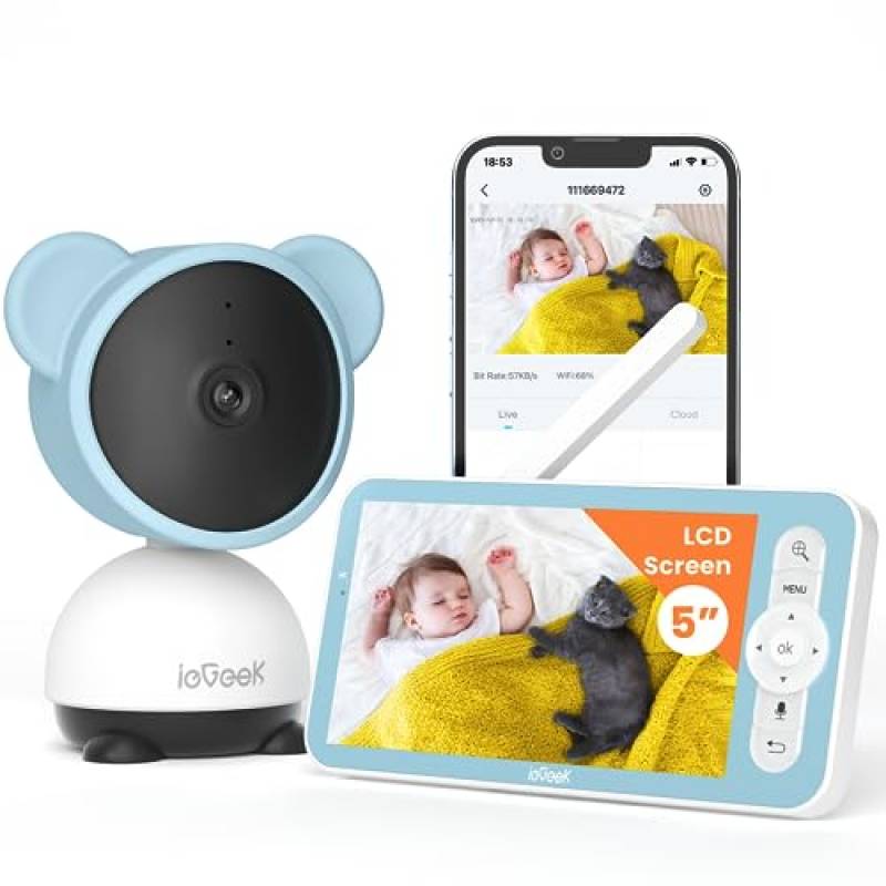 ieGeek 5'' Baby Monitor Video e Audio, 1080P Telecamera Bambini con Monitor with rilevamento di movimento e suono, 360° PTZ, Videocamera Audio a 2 vie, l'app mobile WiFi o monitor il controllo