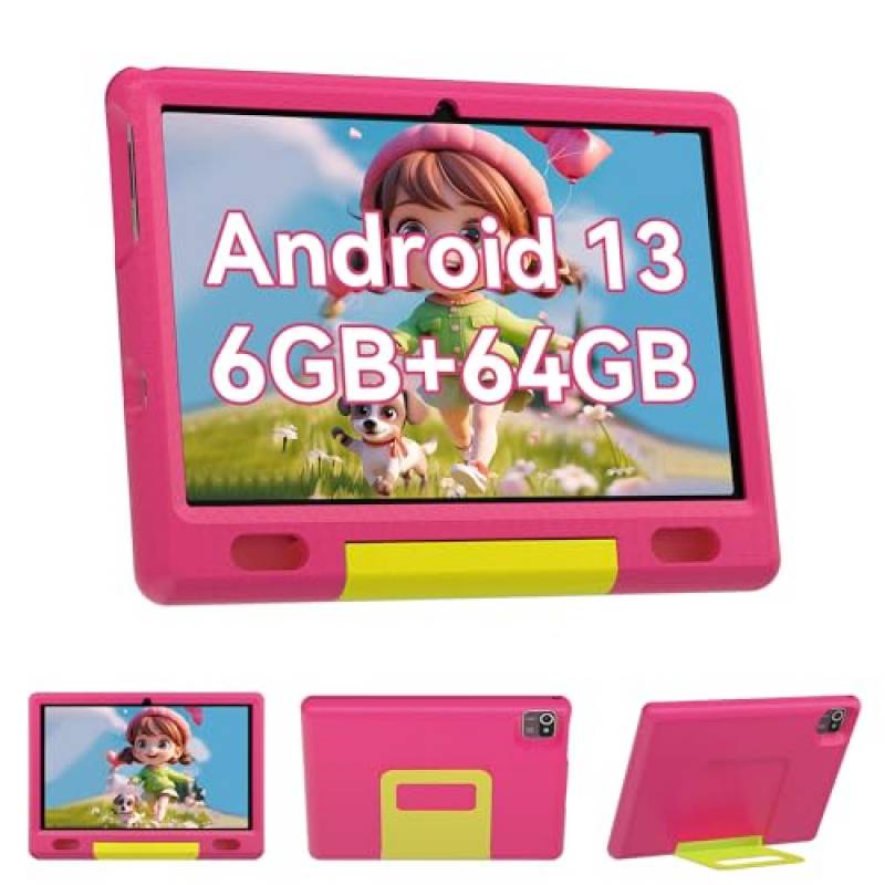 Pazhonz Tablet per bambini Tablet Android 13 da 10,1 pollici 6(2+4) GB RAM 64GB ROM Tablet computer per bambini con custodia protettiva (pink)