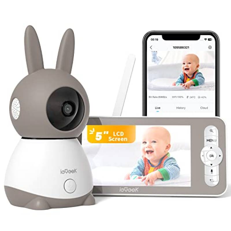 ieGeek 2K Baby Monitor Video e Audio con 5" LCD, Telecamera Bambini con Monitor Supporto Controllo Tramite APP Mobile & Monitor, 3000 mAh Batteria Ricaricabile, 3 Tipi di Rilevamento Intelligente