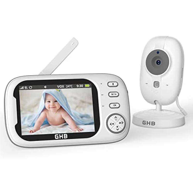 GHB Baby Monitor Video e Audio 3.5'' 720HD Telecamera, 2000mAh Batteria, Comunicazione Bidirezionale,VOX Visione Notturna Visione Monitoraggio Temperatura,Ninne Nanne