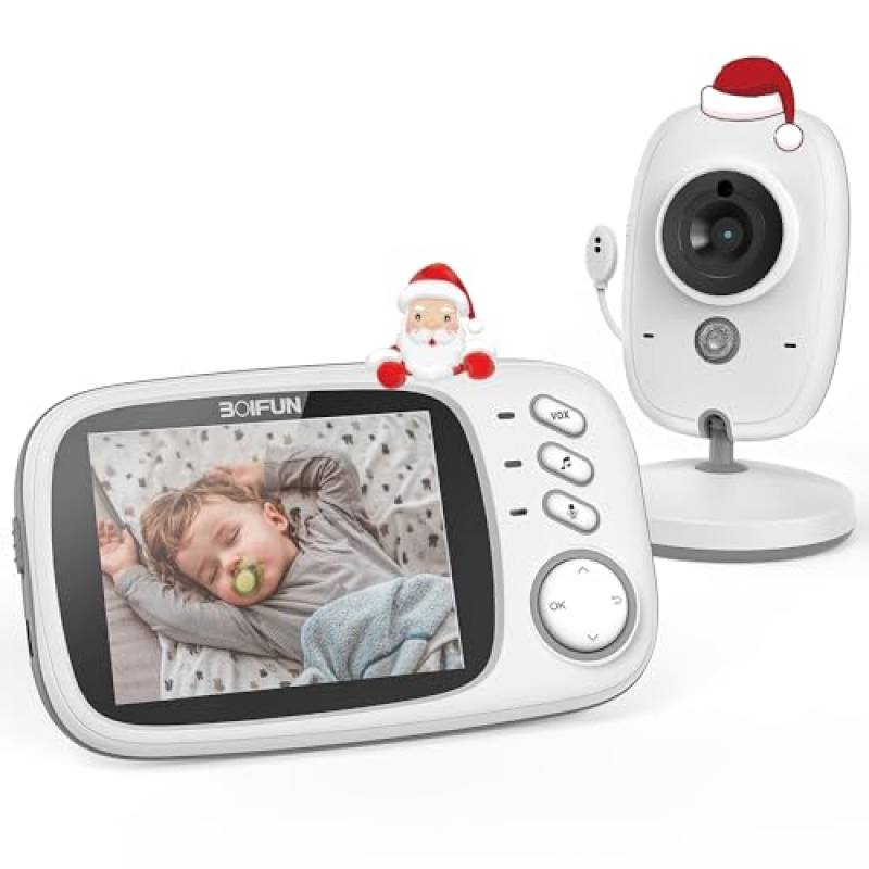 BOIFUN Baby Monitor, Videocamera schermo da 3.2 '' 750mAh Supporto batteria ricaricabile VOX Visione notturna e di temperatura 8 ninne nanne per bambino/anziano, si attiva con solo movimento