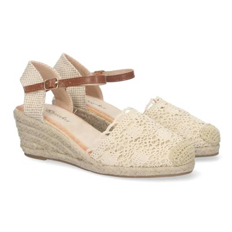 shoes&blues.es Sandalo da culla da donna, stile Valenciano, lettino in iuta, pala ricamata e chiusura con fibbia., beige, 38 EU