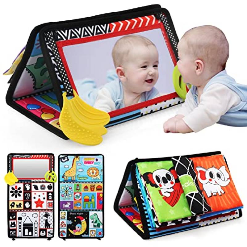 BelleStyle Giochi Montessori Neonato 0 3 6 12 Mesi, Libri di Stoffa con Specchio per Bambini, Sensoriali Morbidi di attività Giocattoli Educativi Interattivo Regali