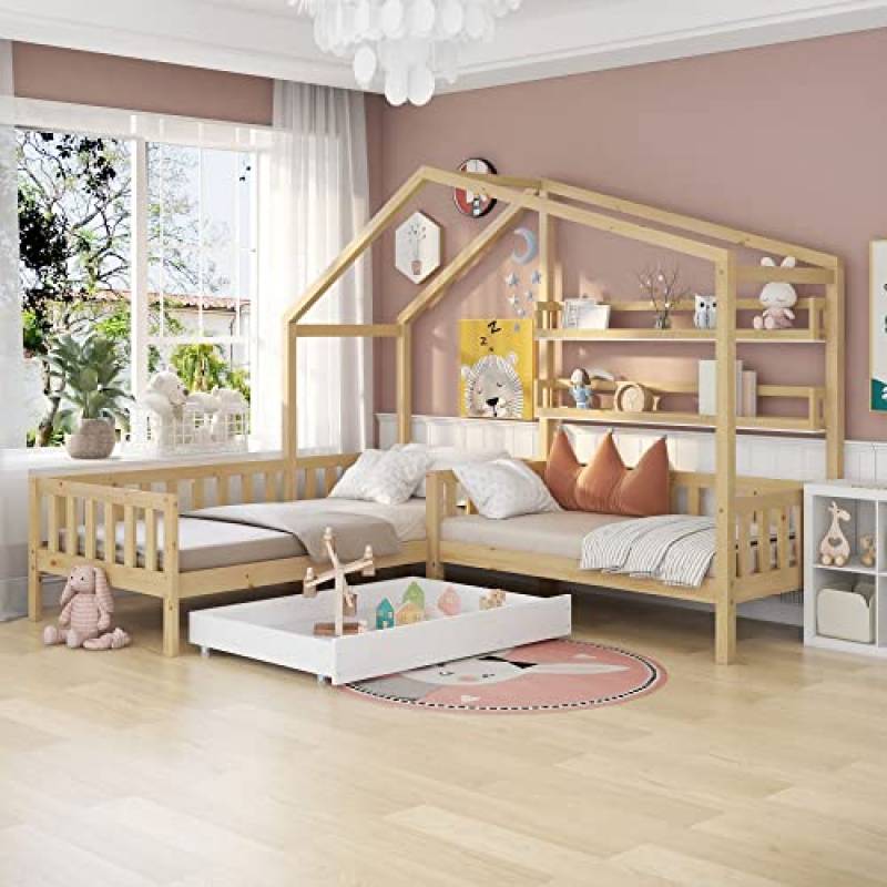 KecDuey Lettino per bambini 90 x 200 cm+140 x 70 cm, letto in legno massello con recinzione e rete a doghe, struttura a L (naturale)