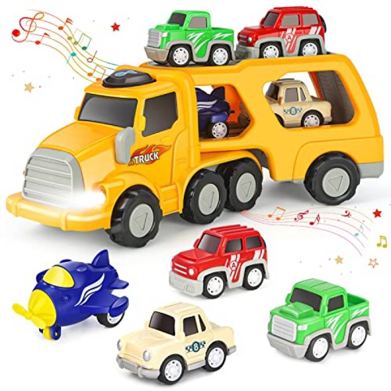 Aoskie Camion Macchinine per Bambini 2 3 4 Anni, 5 in 1 Camion Giocattolo con Suoni e Luci, 4 Mini Cars, Giocattolo Regalo per Bambino