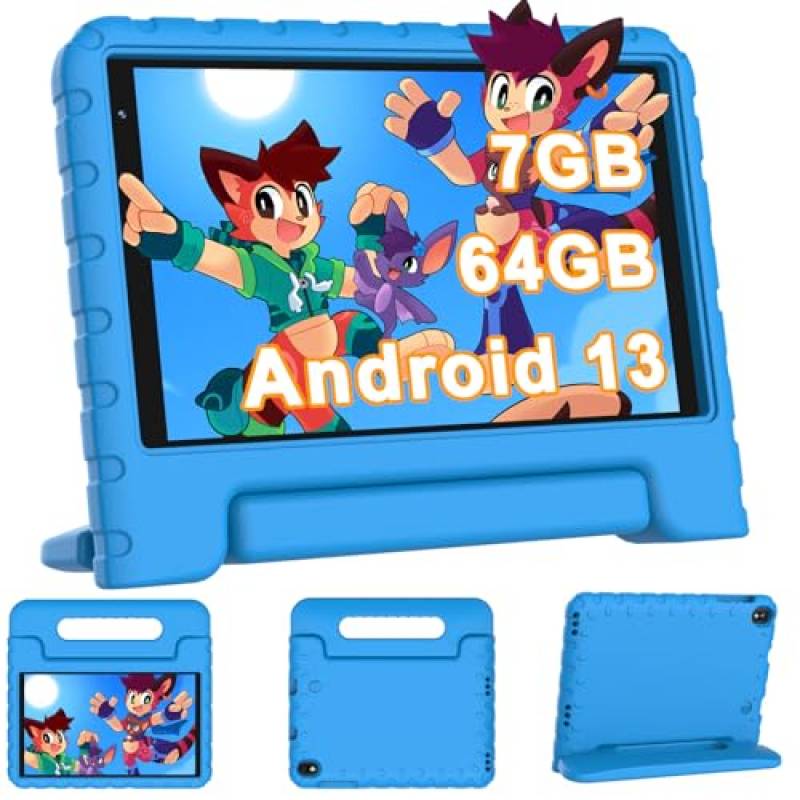 Tablet Bambini 8 pollici Android 13, 7GB RAM 64GB ROM 1TB Espandibile, WiFi 6 BT 5.0, 5MP+2MP, 3600mAh, 1280*800, GPS, Controllo Parentale, Apprendimento Educazione, Tablet PC con Custodia, Blu