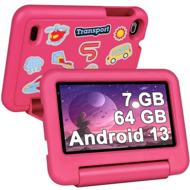 SEBBE Tablet per Bambini 7 Pollici Android 13 Tablet, 7GB RAM+64GB ROM (TF 1TB), Tablets con Controllo Parentale,App preinstallate per Kids,Tablet PC con Custodia Protettiva,Rosso