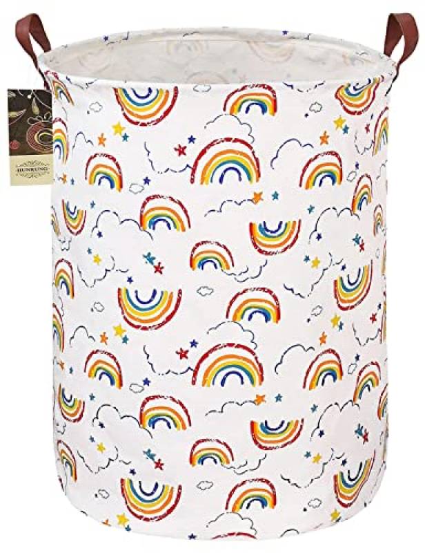 HUNRUNG Laudry Hamper, Large Canvas Fabric Lightweight Storage Basket Toy Organizer Sporty Clothes Collapsible Waterrepeat for College Dorms,Bedroom, （circolare arcobaleno）