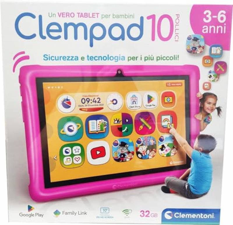 Clementoni Clempad 16795P Tablet Educativo 3-6 Anni 10 Pollici IPS HD Screen Memoria 32 GB, Ram 2G, Android 13 Bumper Rosa