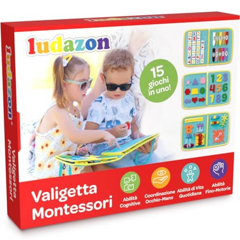 LUDAZON Valigetta Montessori per Lo Sviluppo delle capacità Intellettive,Busy Board Montessori 1 2 3 4 Anni,Giochi da Viaggio,Libri Sensoriali,Pannello Sensoriale,Guarda Il Video