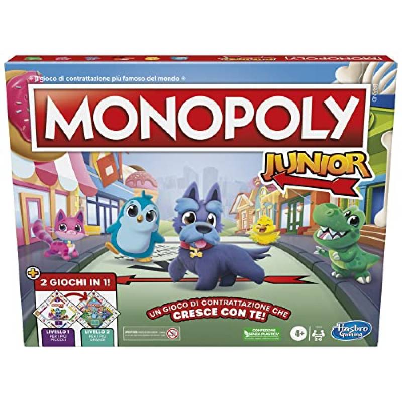 Monopoly Junior gioco da tavolo, tabellone fronte-retro, 2 giochi in 1, gioco Monopoly per bambini e bambine più piccoli, giochi per bambini e bambine, giochi Junior