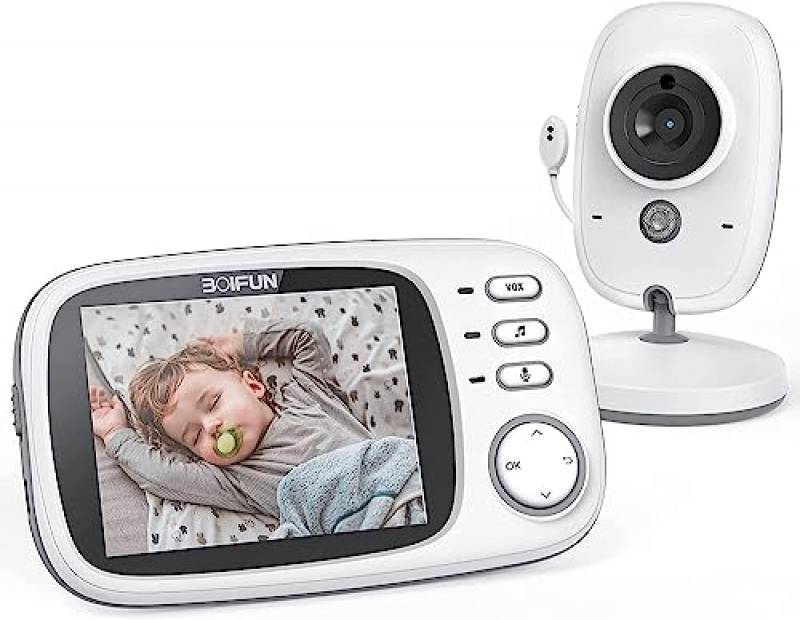 BOIFUN Baby Monitor, Videocamera schermo da 3.2 '' 750mAh Supporto batteria ricaricabile VOX Visione notturna e di temperatura 8 ninne nanne per bambino/anziano, si attiva con solo movimento