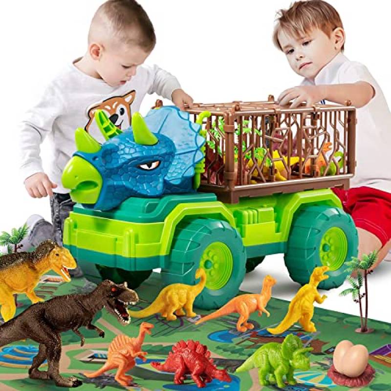 TEMI Giocattoli camion trasportatore triceratopo per bambini dai 3 ai 5 anni, con 8 figure di dinosauri, tappetino da gioco, set con cattura di dinosauri